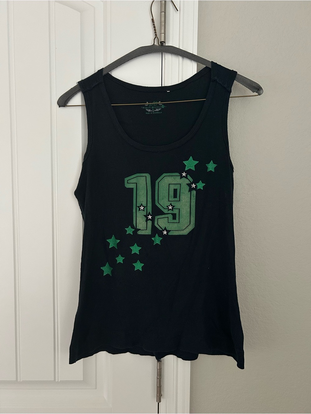 Graphic Black Tank Top with Green '19' and Star Print